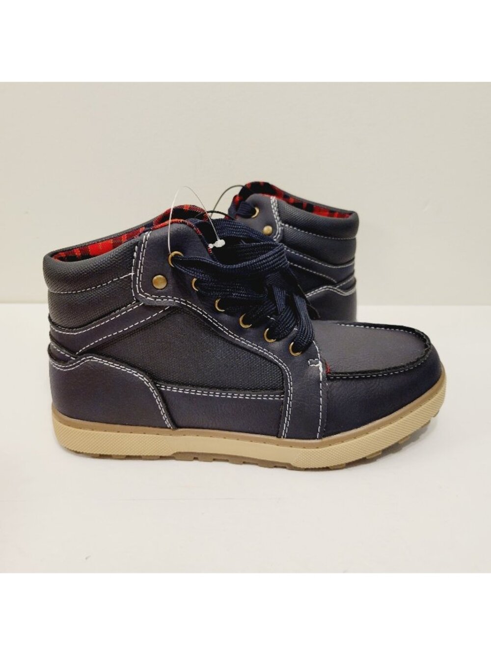 Falls Creek Boys Navy & Tan High-Top Sneakers Boots Plaid Lining Size 3M
